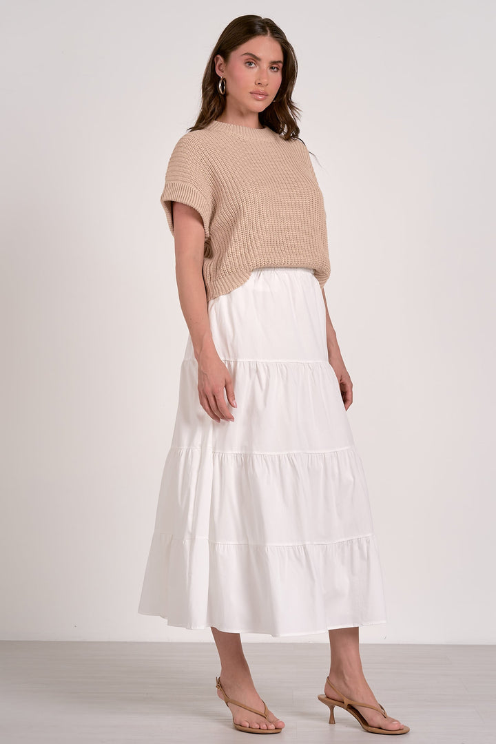 SHORT SLEEVE SWEATER MIDI DRESS COMBO - WHITE/BEIGE