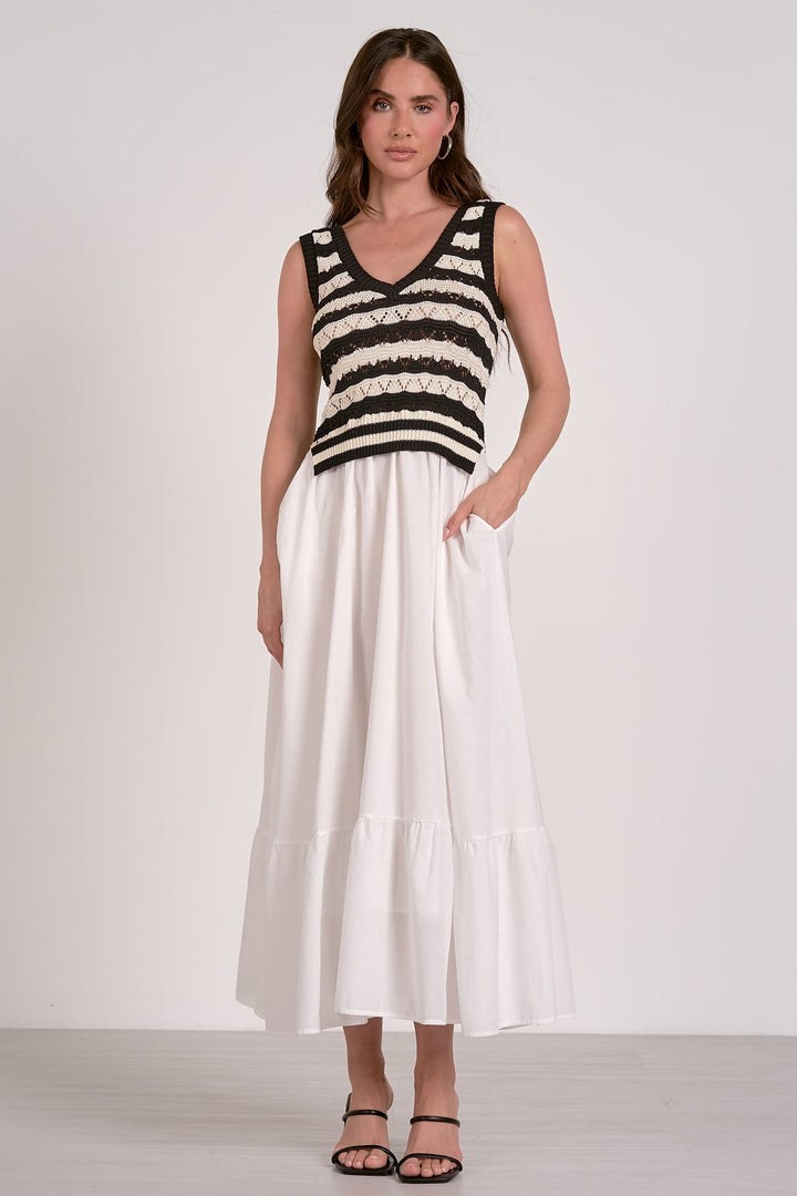 SLEEVELESS V-NECK MIDI DRESS COMBO - WHITE/BLACK