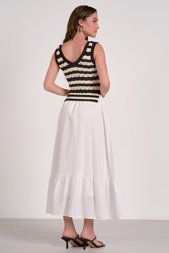 SLEEVELESS V-NECK MIDI DRESS COMBO - WHITE/BLACK