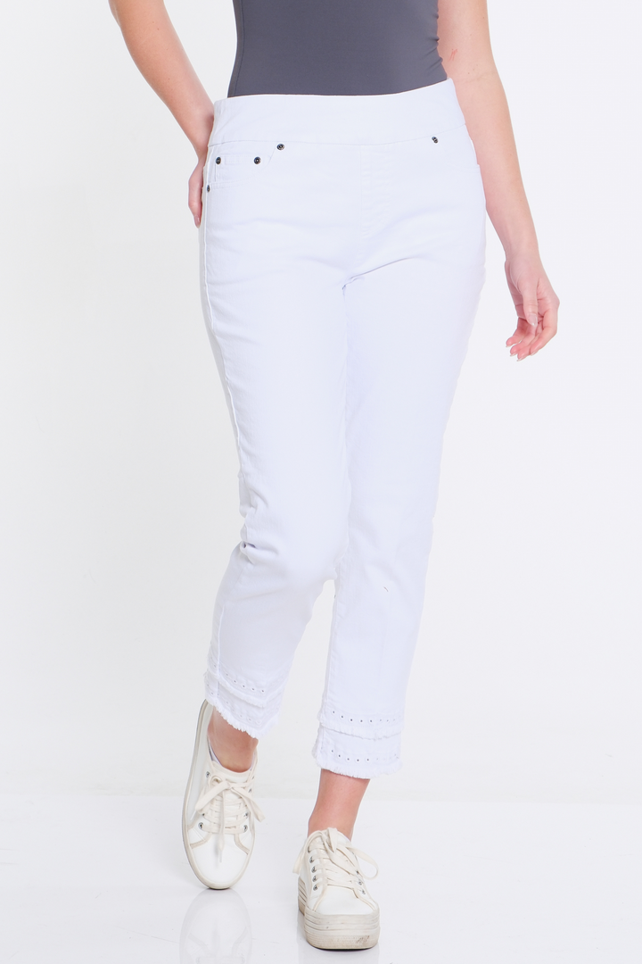 PULL ON WIDE BAND EYELET/FRINGE TRIM HEM ANKLE JEAN - WHITE