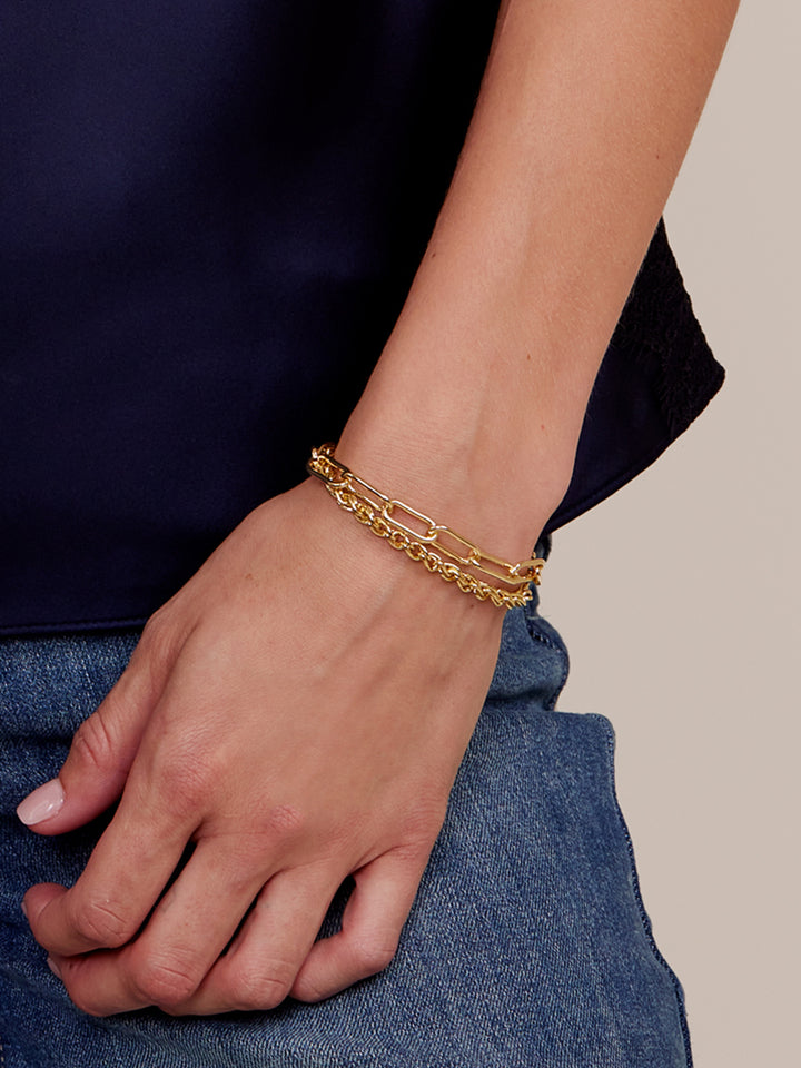 LAYERED PAPERCLIP AND ROLO CHAIN TOGGLE BRACELET - GOLD