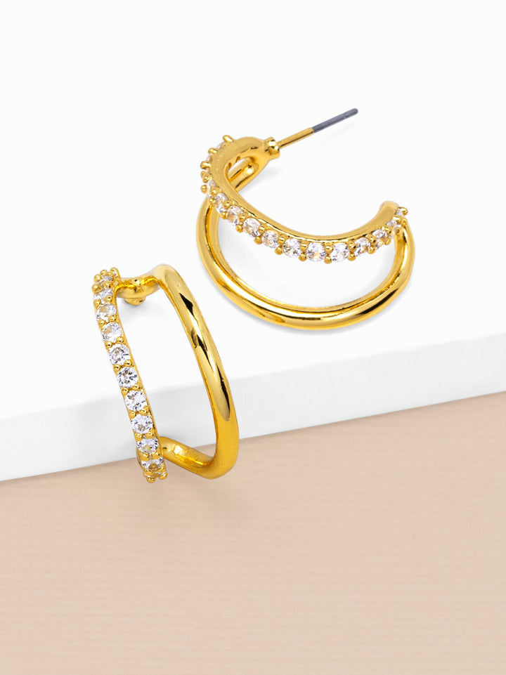 PAVE DOUBLE HOOP HUGGIE EARRINGS - GOLD