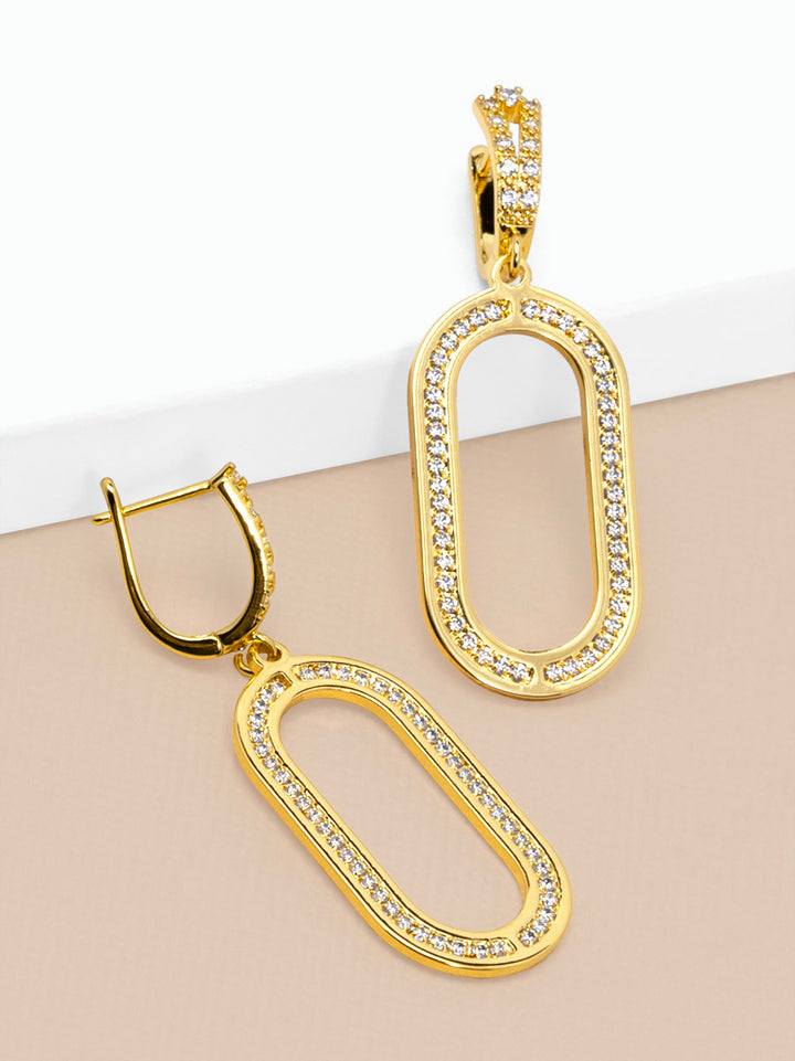 PAVE OVAL TWO LINK DROP EARRINGS - GOLD