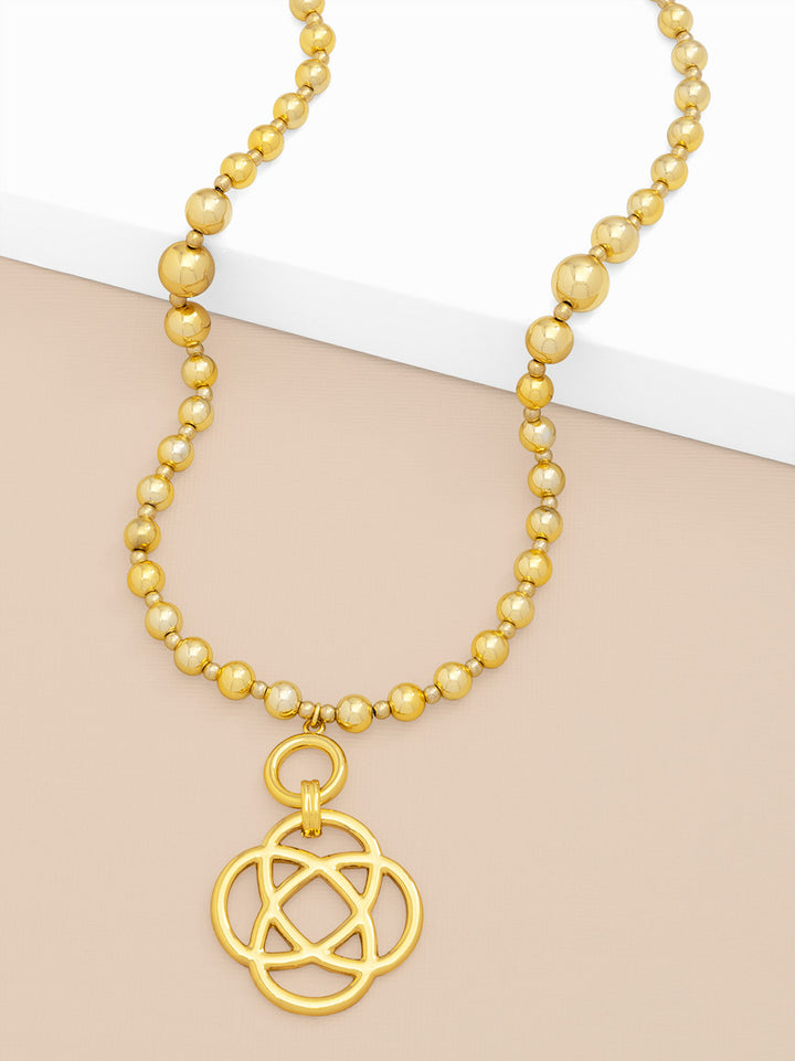 BEADED CLOVER PENDANT LONG NECKLACE - GOLD