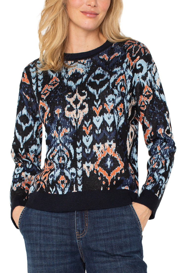 LONG SLEEVE DROPPED SHOULDER JACQUARD SWEATER - BLUE MULTI IKAT