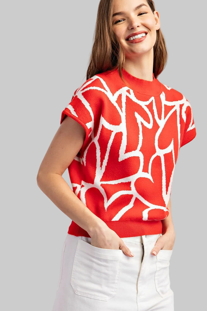 SHORT SLEEVE HEART PATTERN TOP - TOMATO