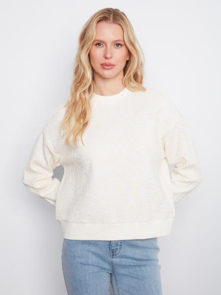 LONG SLEEVE FLORAL FLOCKED DOUBLE KNIT CREW NECK SWEATSHIRT - BUTTERCREAM