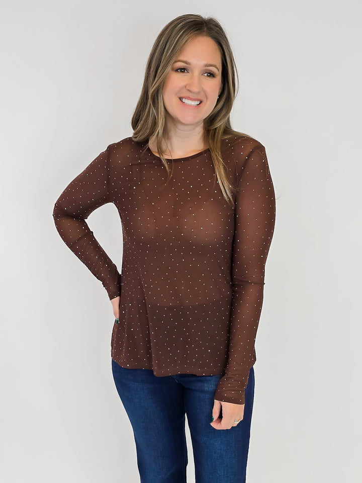 LONG SLEEVE SPARKLY MESH TOP - BROWN