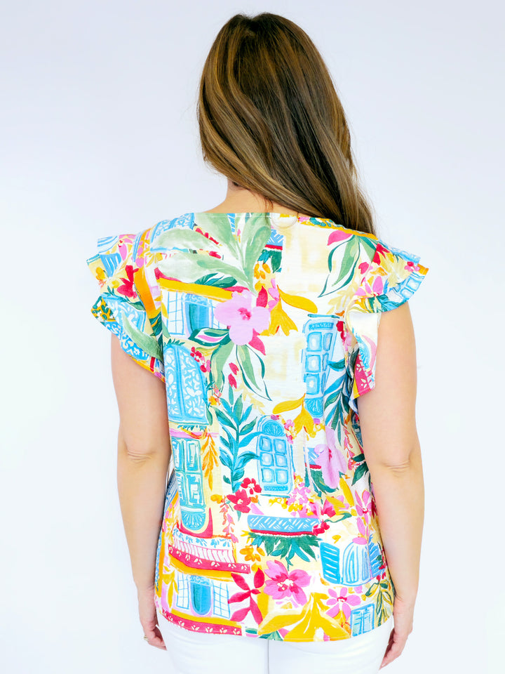 DOUBLE RUFFLE SLEEVE FLORAL ABSTRACT TOP - BLUE
