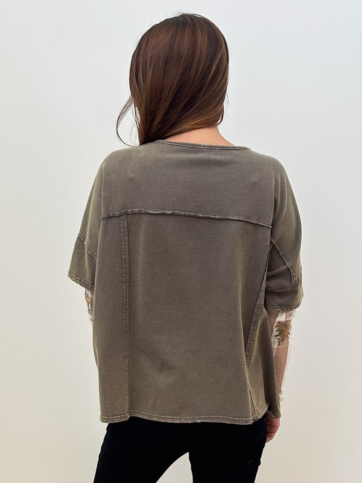 OVERSIZED PEACE PATCH WASHED KNIT TOP - ASH