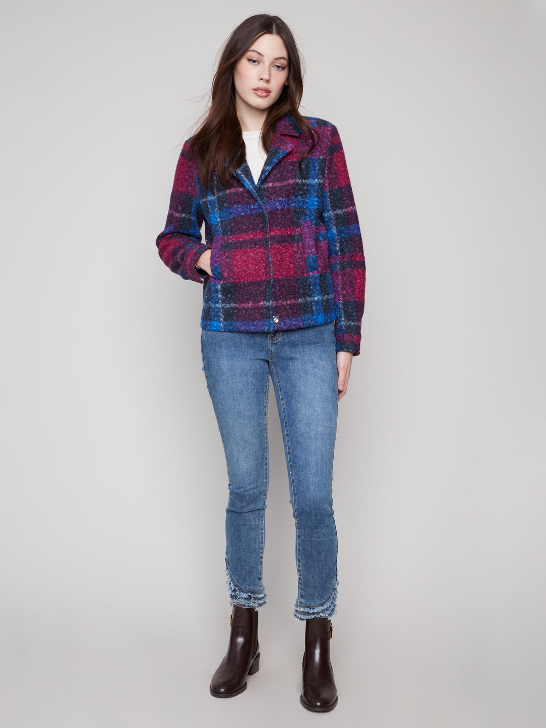 PLAID BOUCLE KNIT SHORT JACKET - NAVY
