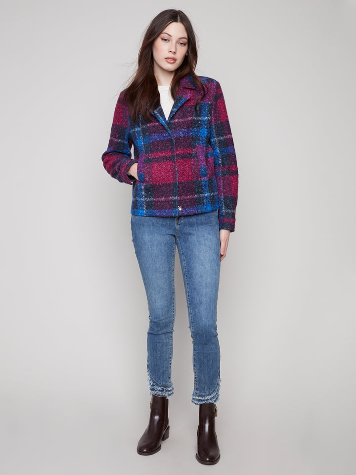 PLAID BOUCLE KNIT SHORT JACKET - NAVY