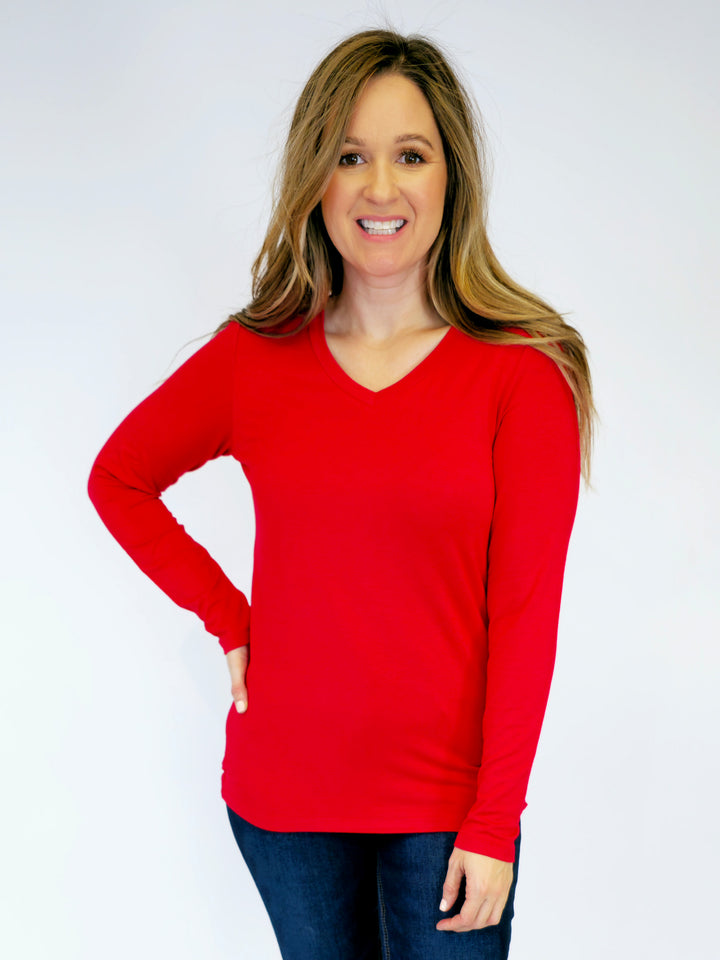 LARISSA LONG SLEEVE V-NECK TEE - RED