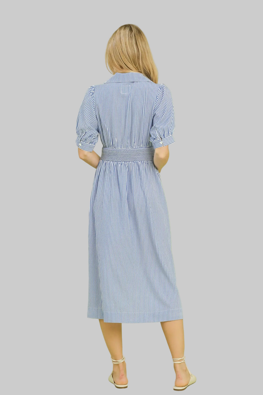 STRIPED COLLARED MIDI DRESS W/FRONT ZIPPER - BLUE