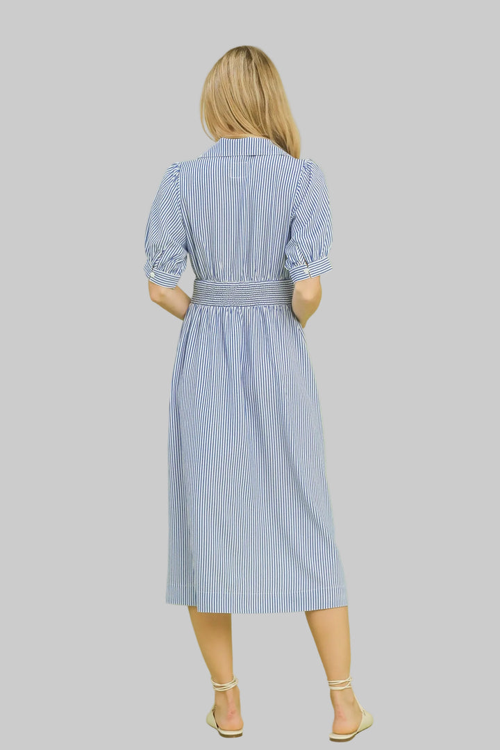 STRIPED COLLARED MIDI DRESS W/FRONT ZIPPER - BLUE