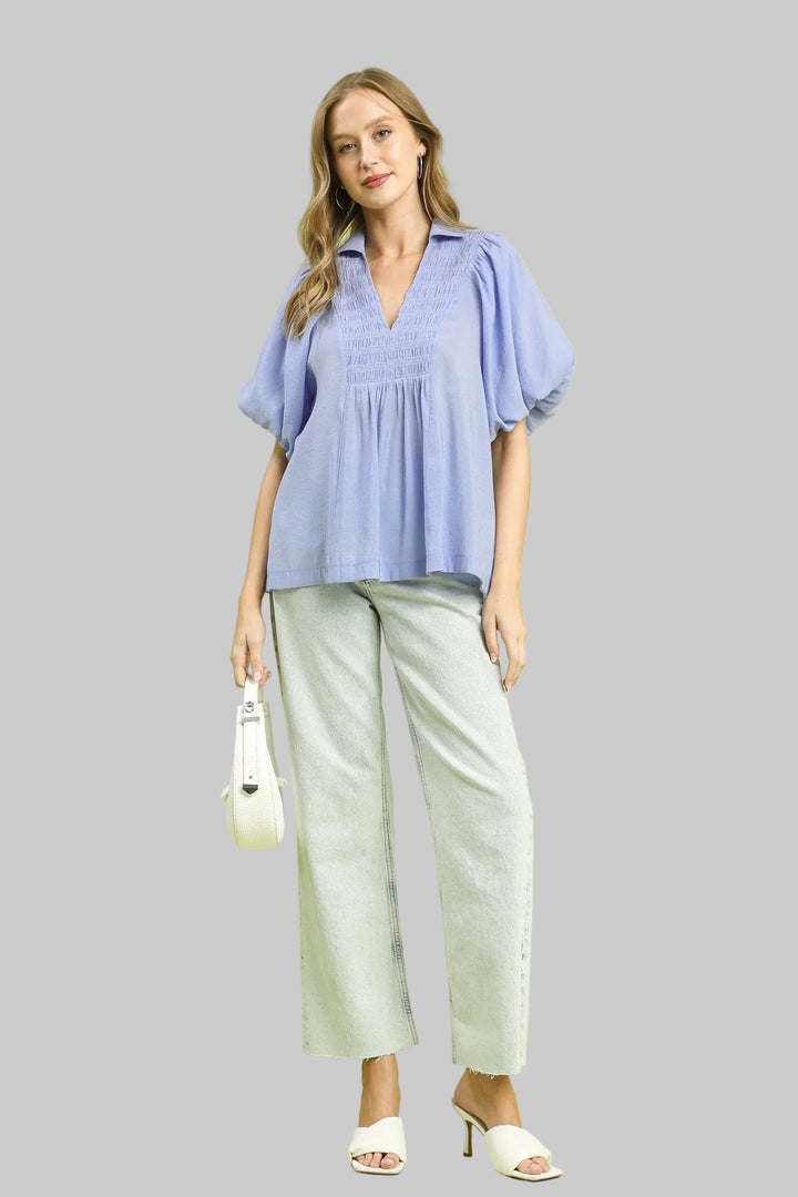 PUFF SLEEVE SMOCKED V-NECK TOP - PERI BLUE
