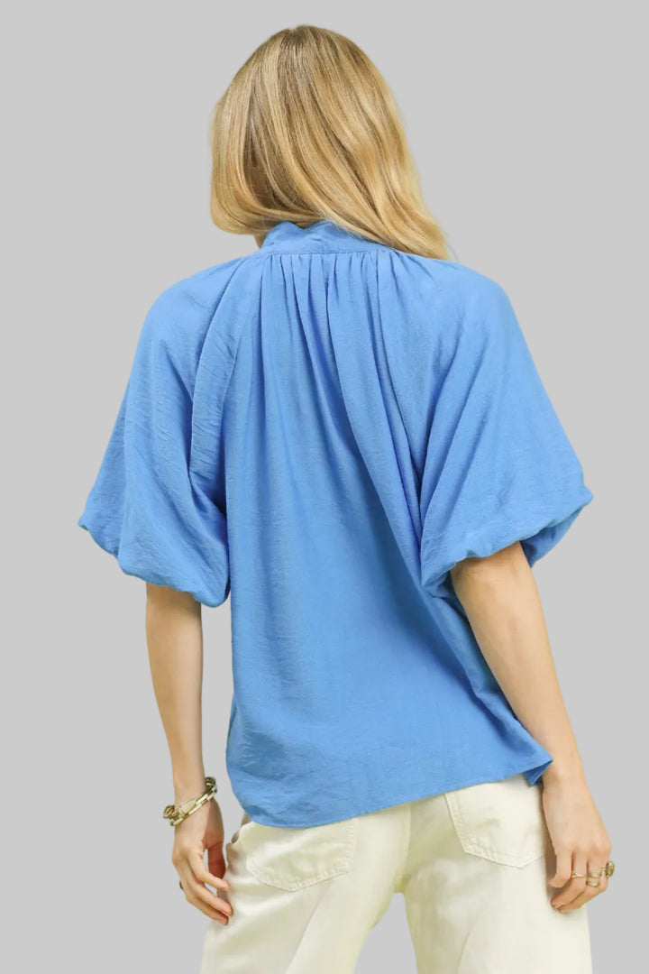 BUBBLE SLEEVE EMBROIDERED BOHO TOP - CERULEAN