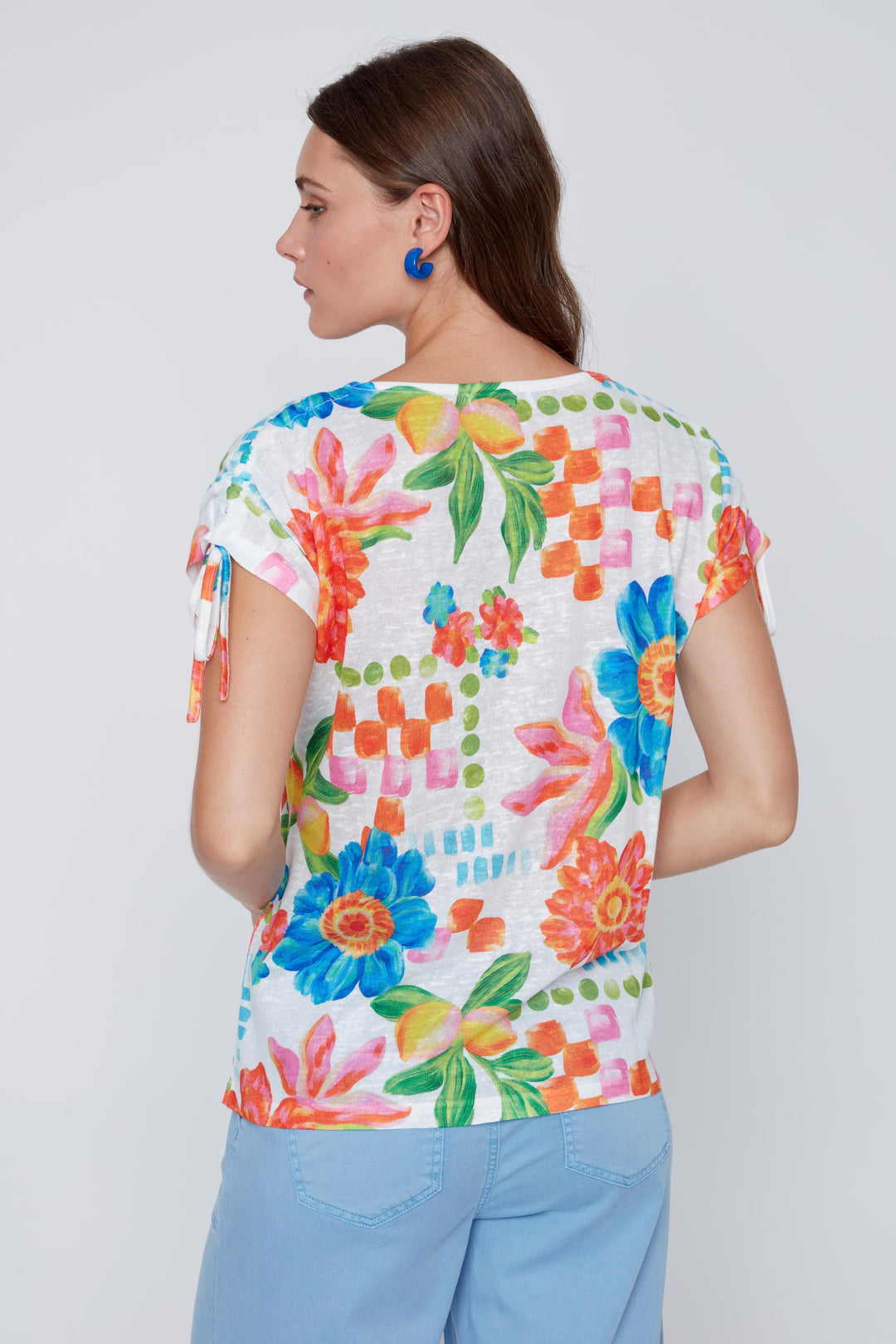 SHORT SLEEVE BIG FLORAL PRINT TOP - BLUE/ORANGE