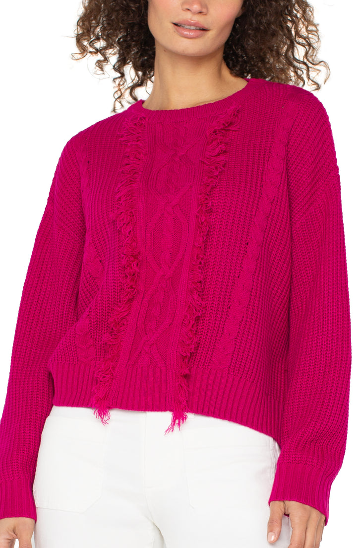 LONG SLEEVE MOCK NECK SWEATER W/FRINGE - DEEP RASPBERRY PINK