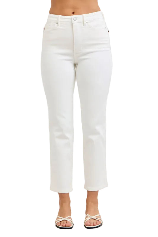JUDY BLUE HW TUMMY CONTROL ANKLE STRAIGHT JEANS - 28" INSEAM - WHITE