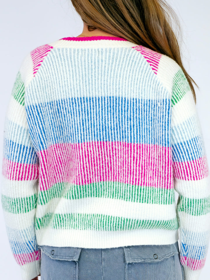 RAINBOW PATTERN PULLOVER W/WHITE STRIPES - BLUE