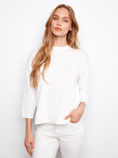 3/4 SLEEVE SWEATER W/CURVED HEM - WHITE