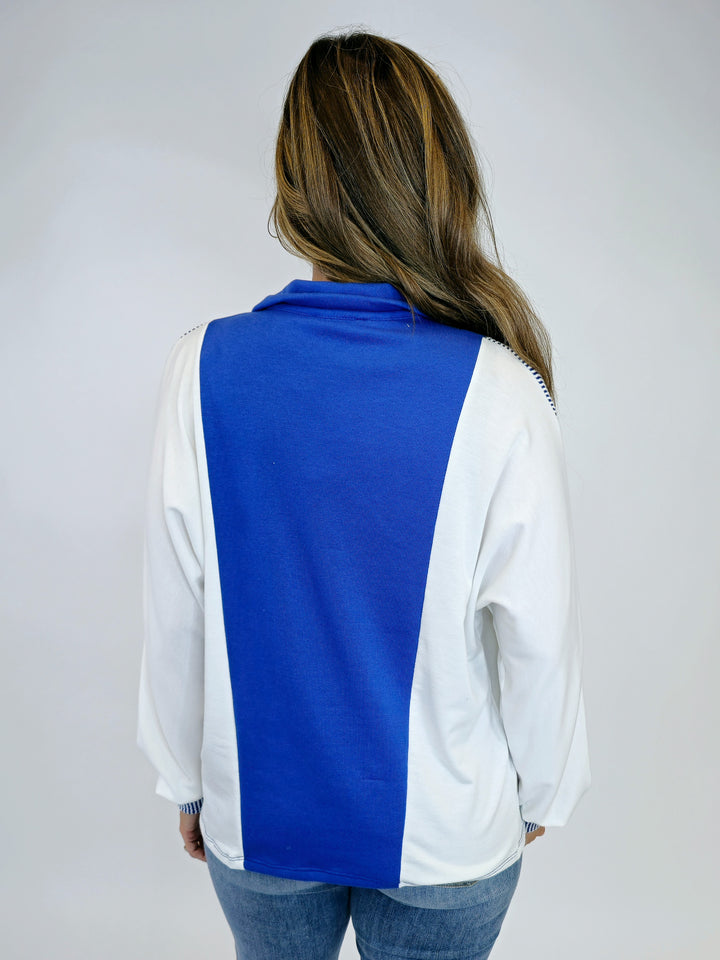 TWO TONE RIBBED COLLARED SWEATSHIRT - ROYAL/WHITE