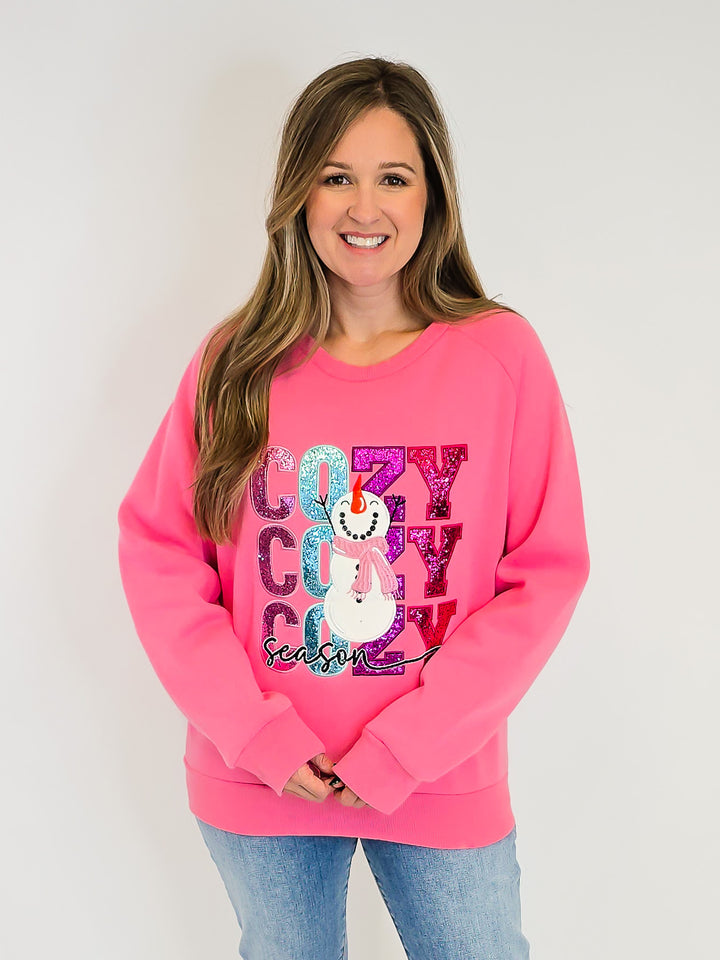 COZY SEASON SNOWMAN SWEATSHIRT - PINK