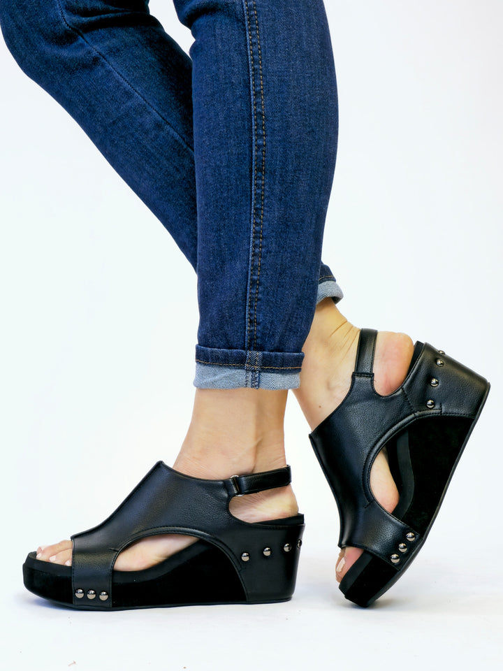 CORKY'S CARLEY WEDGE SANDAL - BLACK COMBO W/SUEDE HEEL