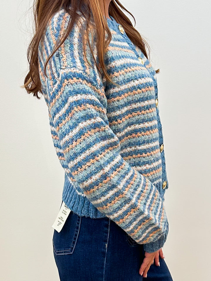 BUBBLE SLEEVE CHUNKY YARN CARDIGAN - AQUA/PEACH
