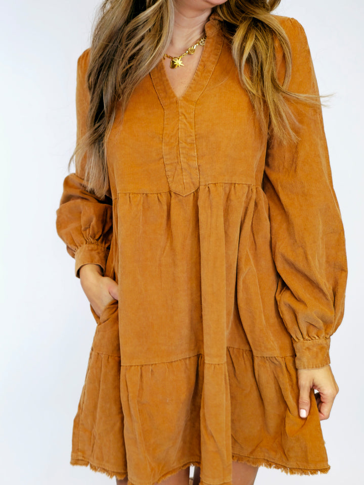 MINERAL WASHED COLLARED DRESS - CAMEL