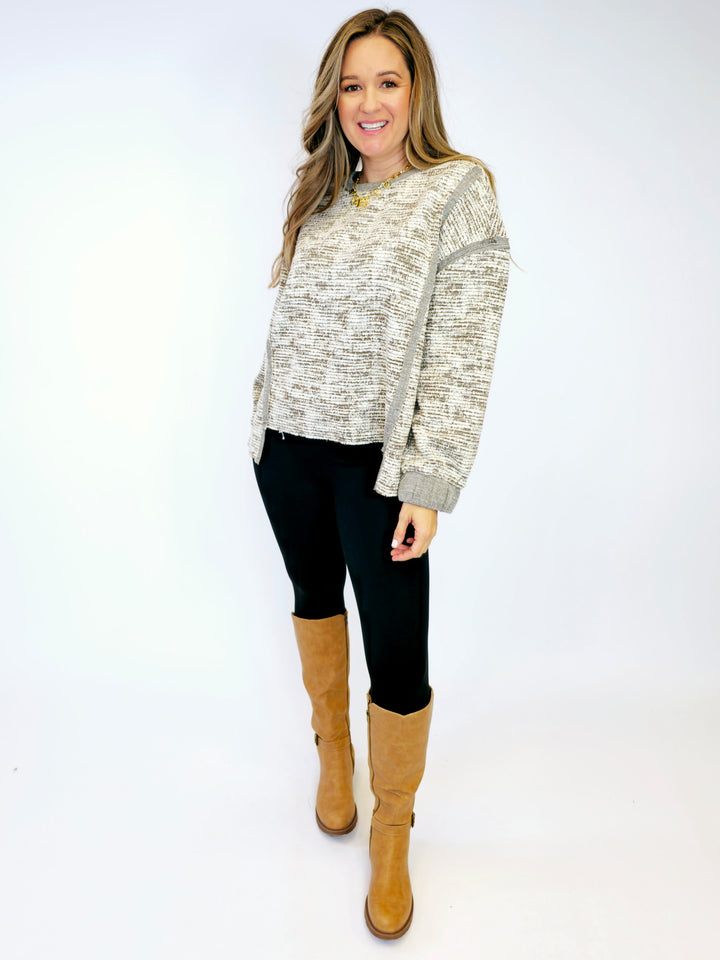 HEATHERED JACQUARD PULLOVER SWEATER - MOCHA