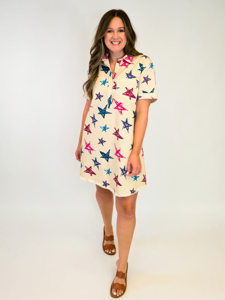 WASHED DENIM FRAYED HEMLINE SHORT DRESS - STAR
