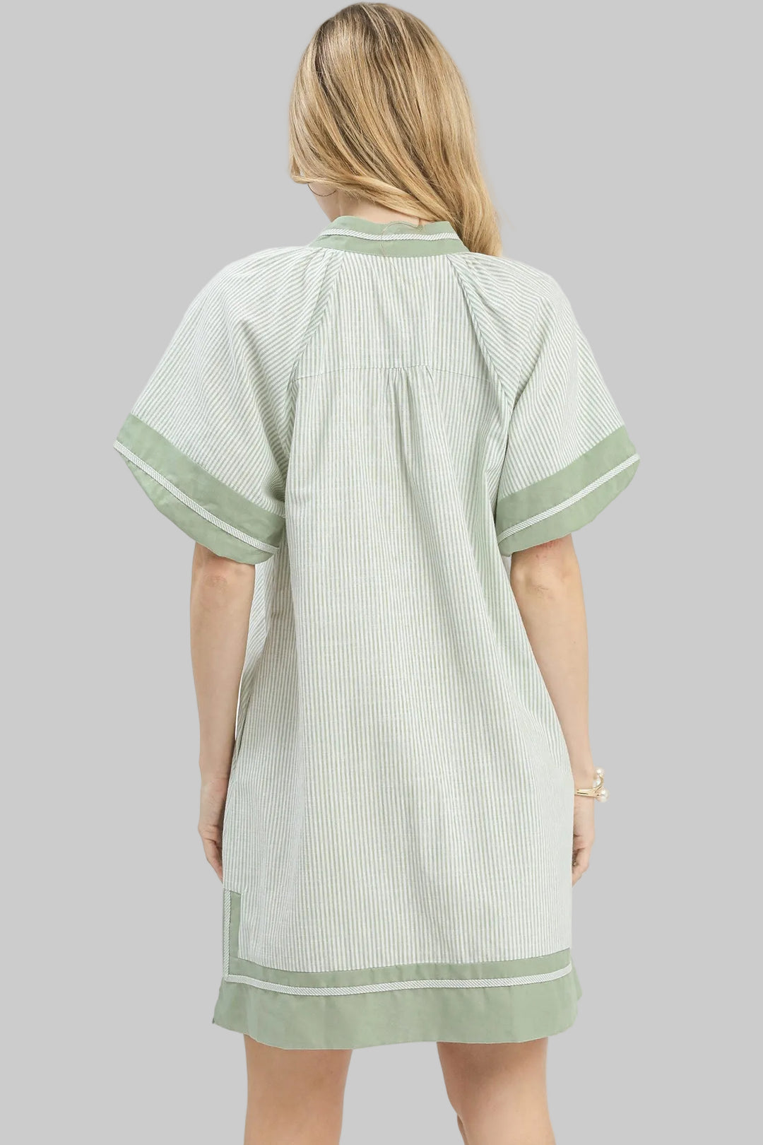 PUFF SHORT SLEEVE STRIPED MIXED V-NECK SHORT DRESS - SAGE