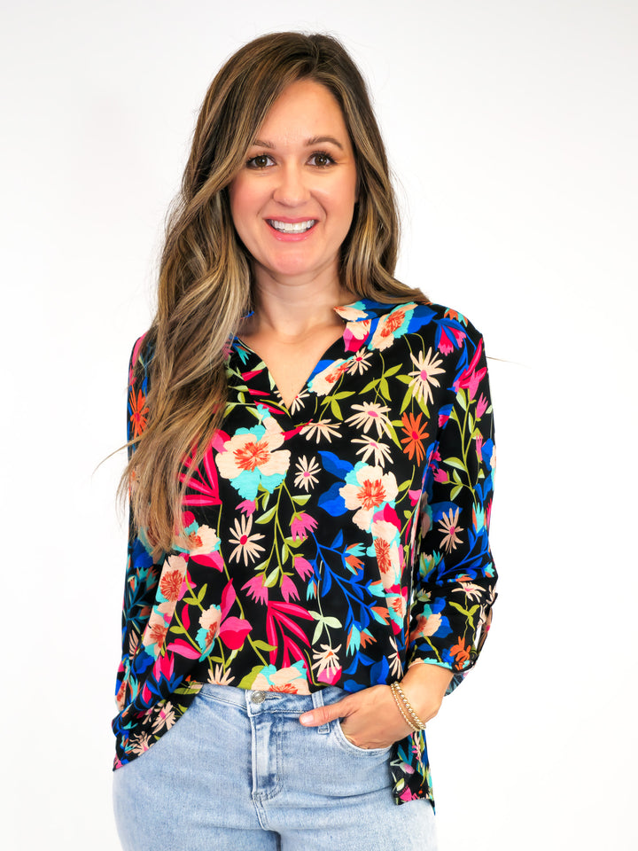 DEAR SCARLETT STRETCHY LIZ TOP WITH 3/4 SLEEVES - BLACK/BLUE/PINK FLORAL