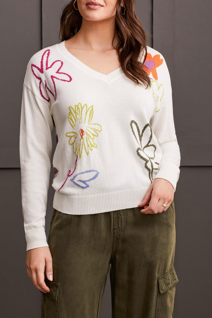 V-NECK DROP SHOULDER JACQUARD SWEATER - EGGSHELL