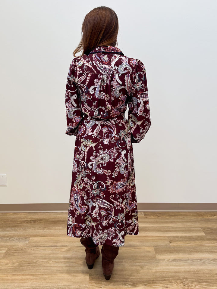 L/S PAISLEY BUTTON DOWN BELTED MIDI DRESS - MERLOT