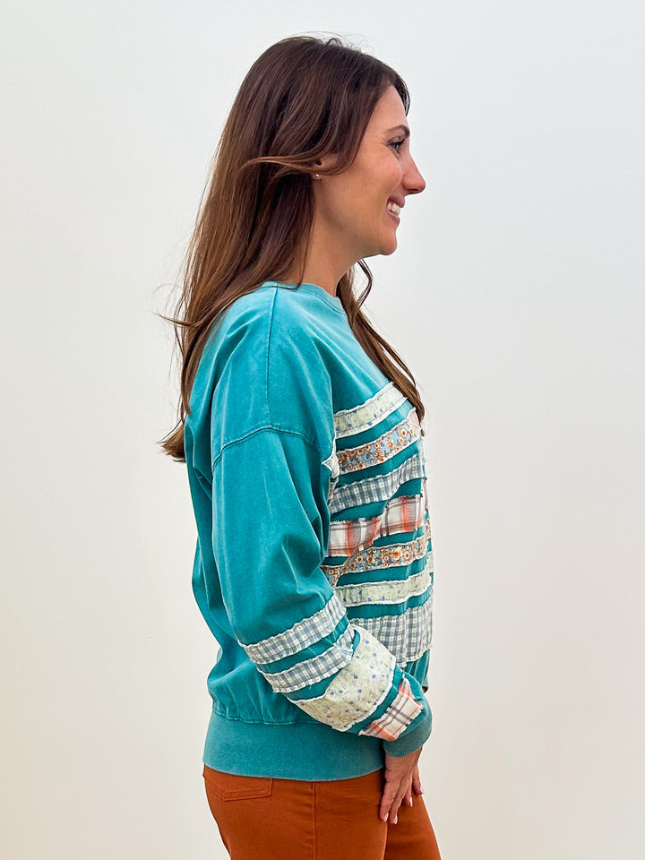 LONG SLEEVE MIXED PATCH TERRY PULLOVER - TEAL BLUE