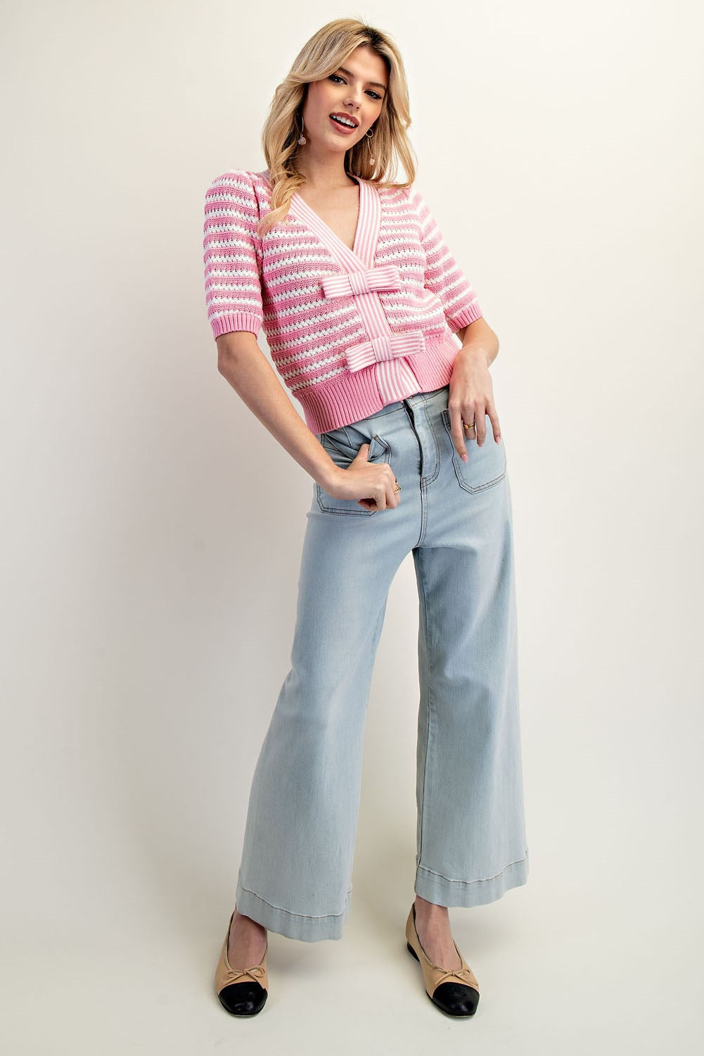 STRIPED V-NECK KNIT CARDIGAN - SWEET PINK