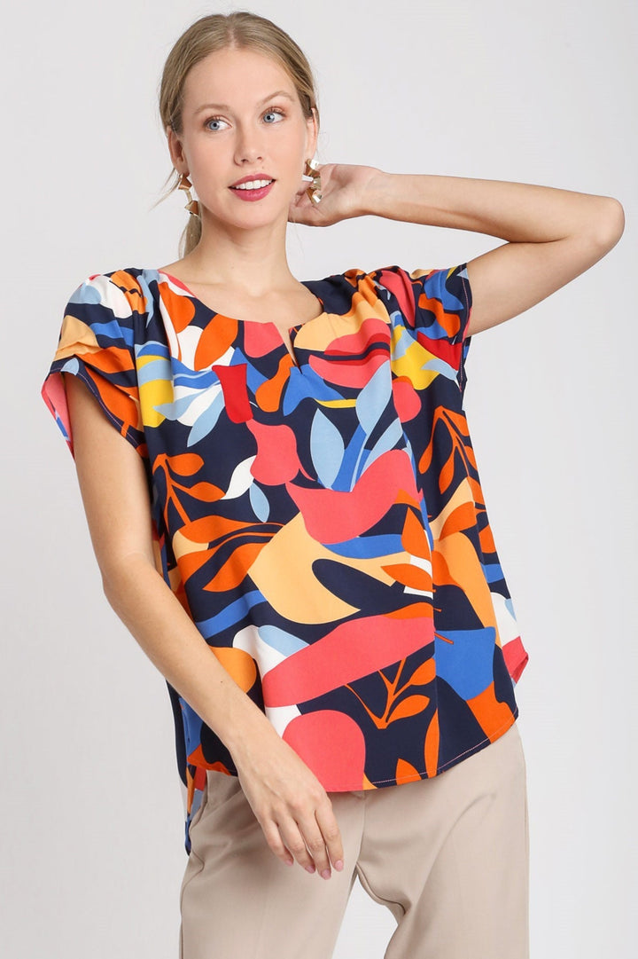 SHORT SLEEVE ABSTRACT PRINT HIGH/LOW TOP - NAVY MIX