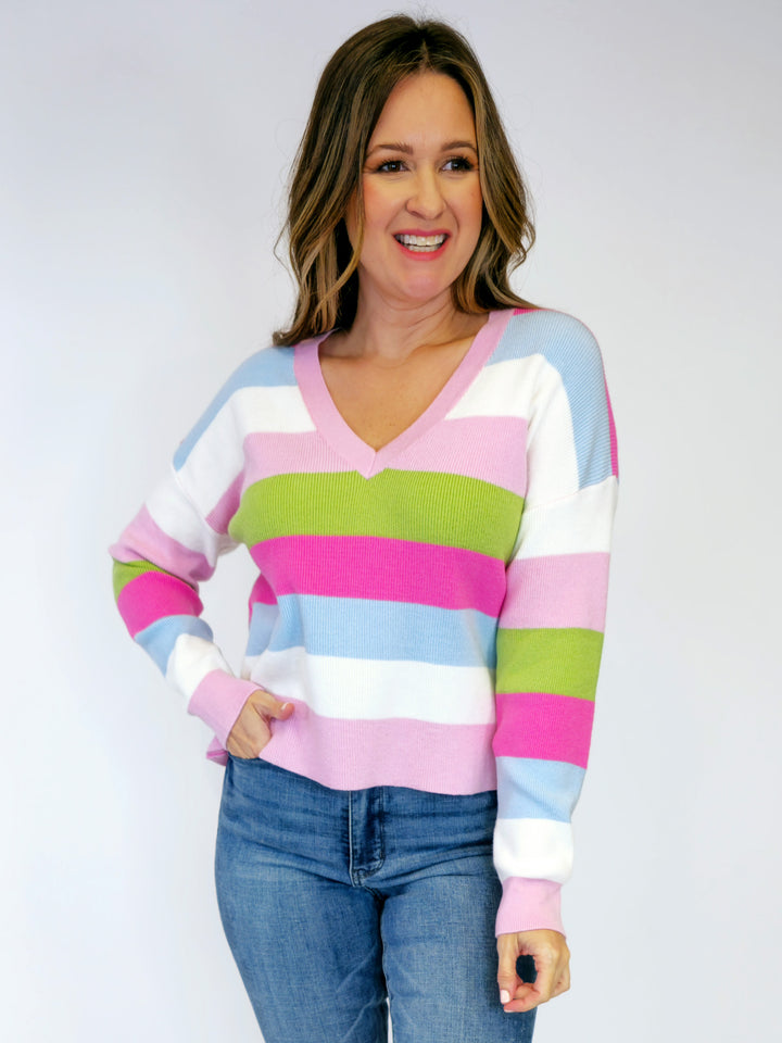 MULTI COLORED STRIPED V-NECK SWEATER - PINK