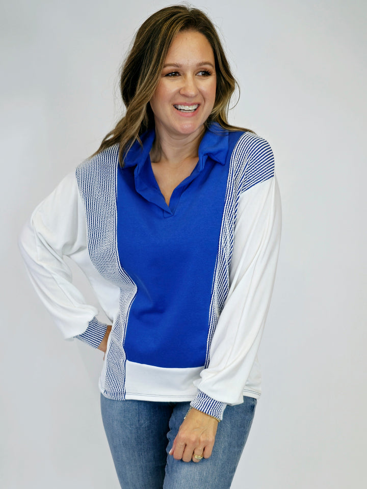 TWO TONE RIBBED COLLARED SWEATSHIRT - ROYAL/WHITE