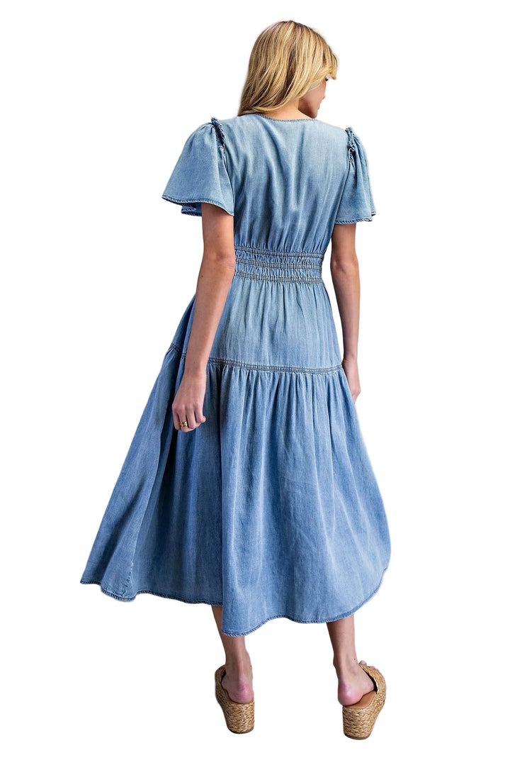 SNOW WASHED SMOCKED V-NECK MIDI DRESS - DENIM