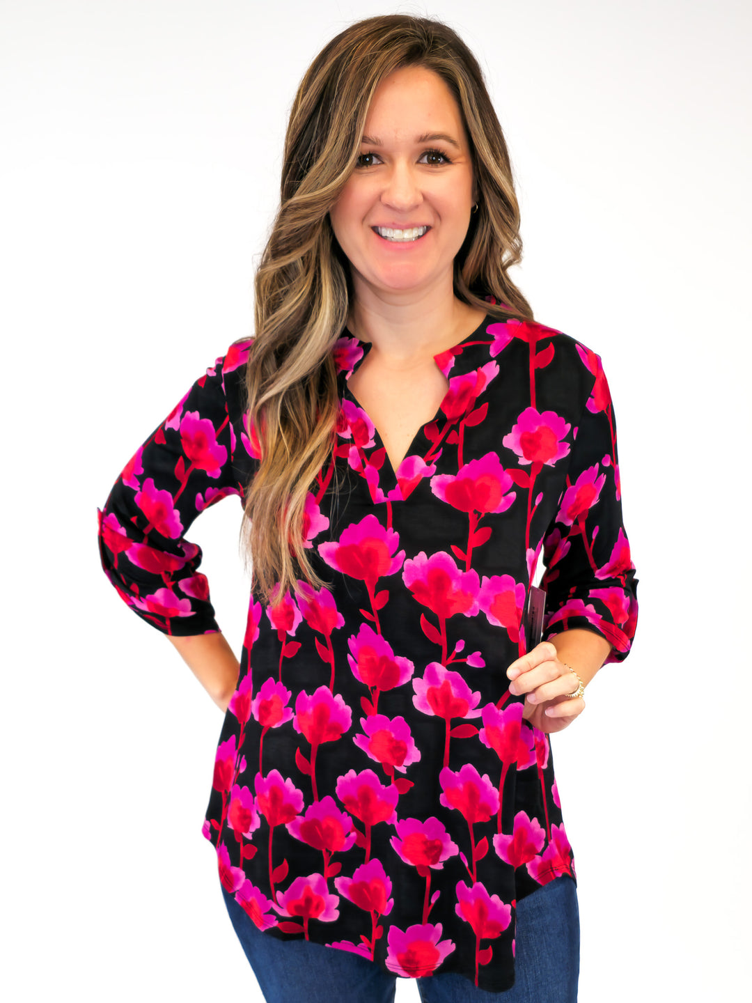 DEAR SCARLETT STRETCHY LIZ TOP WITH 3/4 SLEEVES - BLACK/FUCHSIA FLORAL