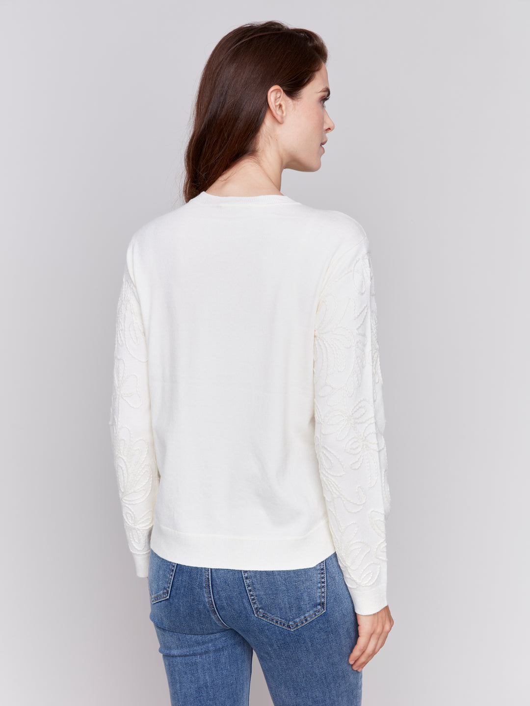 JACQUARD KNIT ROUND HEM SWEATER - ECRU