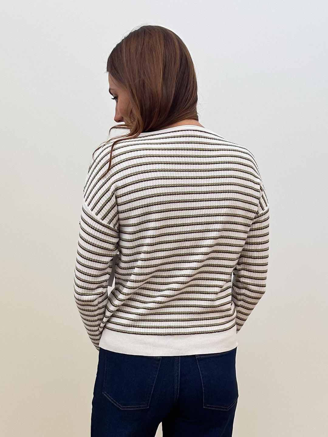 MULTI COLOR STRIPE TEXTURED CREW NECK TOP - OLIVE/BURGUNDY