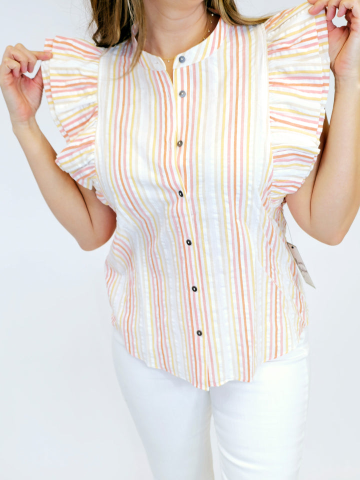 VERTICAL STRIPE FLUTTER SLEEVE TOP - ORANGE