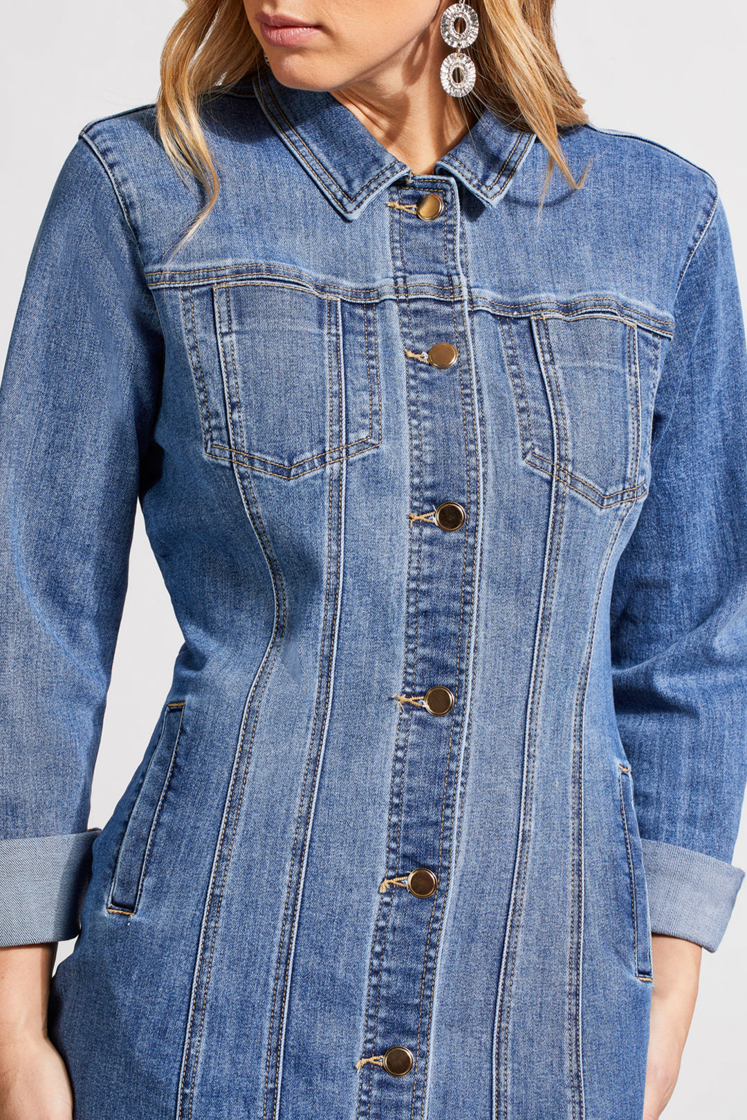 LONG FITTED DENIM DRESS JACKET - PORT BLUE