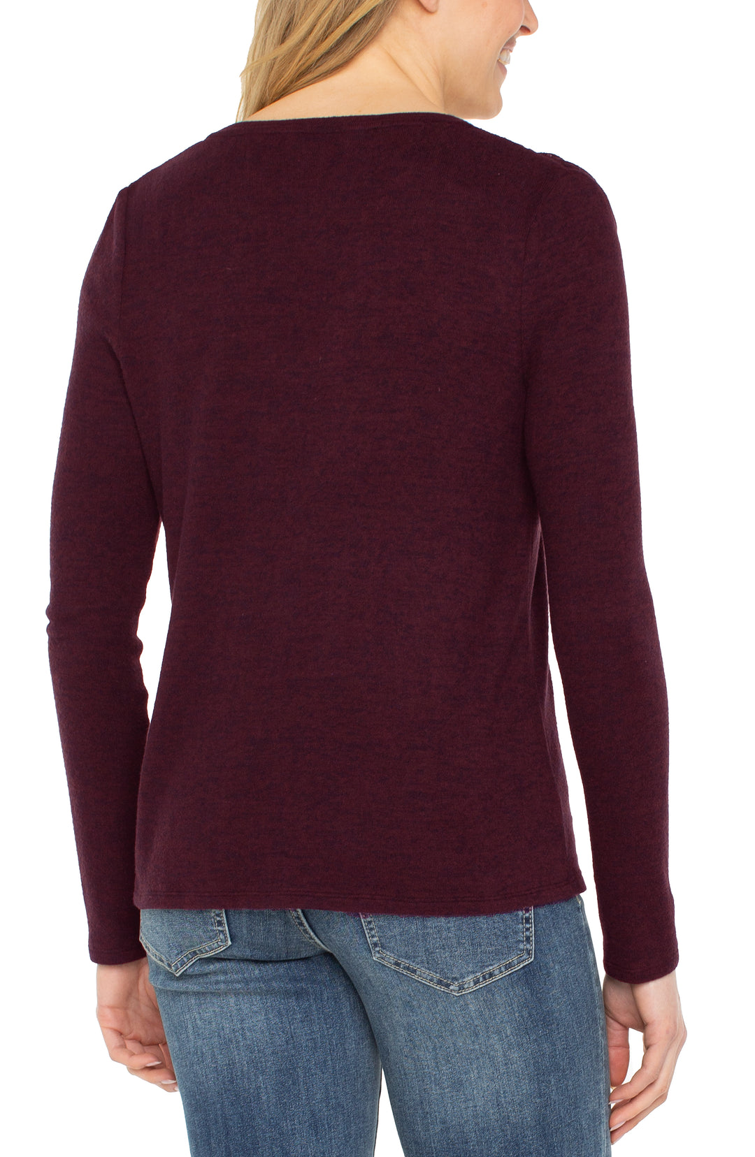 LONG SLEEVE VNECK KNIT TOP W/SHIRRING - MAROON MELANGE