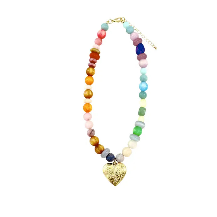 OCEAN BEADED HEART LOCKET NECKLACE - MULTI